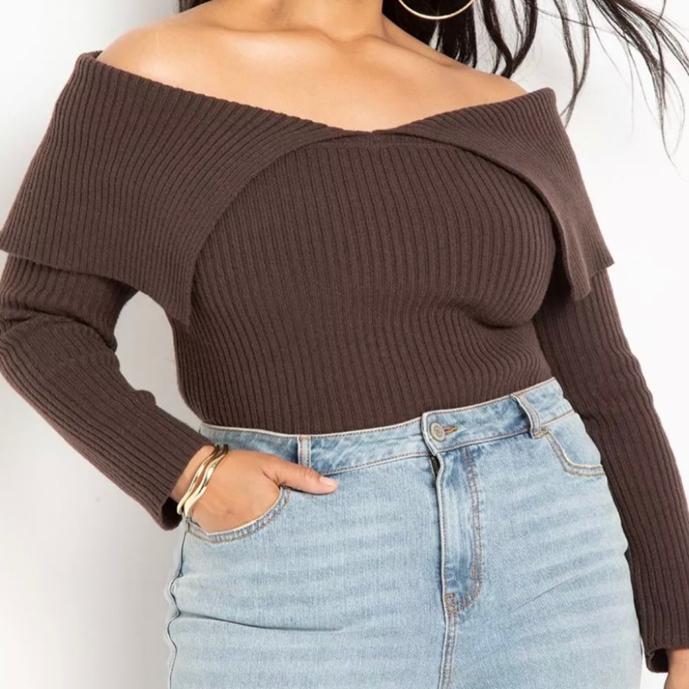 Eloquii Ribbed Off The Shoulder Sweater